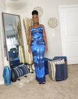 Blue Tie Dye Maxi Dress W/ Belt & Face Mask