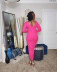 Pink Ribbed Long Sleeve, V Neckline Knit Midi Dress