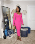 Pink Ribbed Long Sleeve, V Neckline Knit Midi Dress