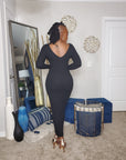 Black Ribbed Long Sleeve, V Neckline Knit Midi Dress