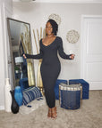 Black Ribbed Long Sleeve, V Neckline Knit Midi Dress