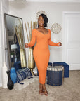 Orange Ribbed Long Sleeve, V Neckline Knit Midi Dress