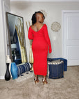 Red Ribbed Long Sleeve, V Neckline Knit Midi Dress