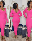 Pink Ribbed Long Sleeve, V Neckline Knit Midi Dress