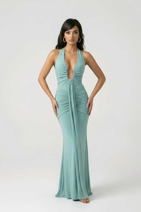 Sea Foam Deep Plunge Halter Dress