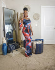 Red Tie Dye Maxi Dress W/ Belt & Face Mask
