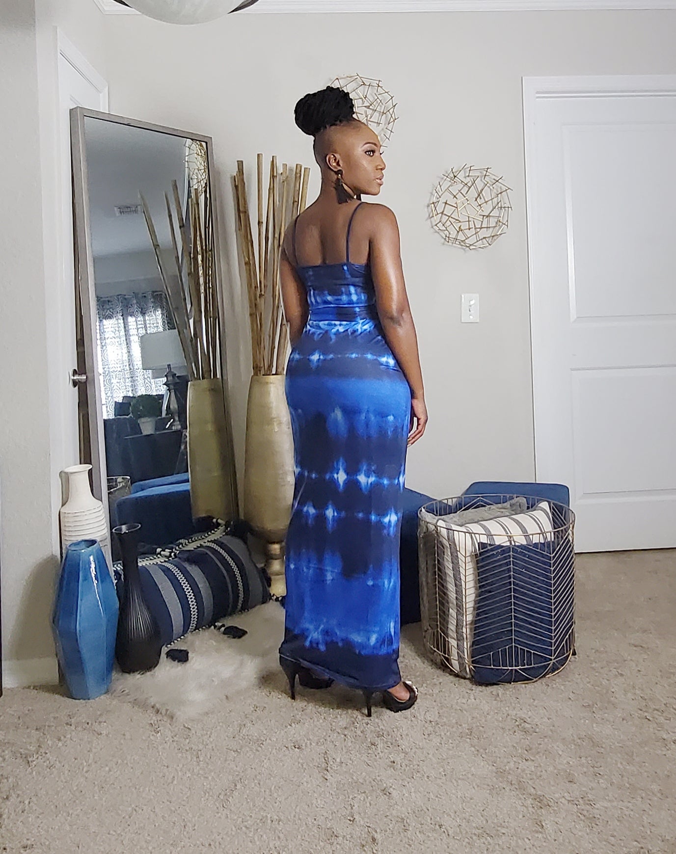 Blue Tie Dye Maxi Dress W/ Belt &amp; Face Mask