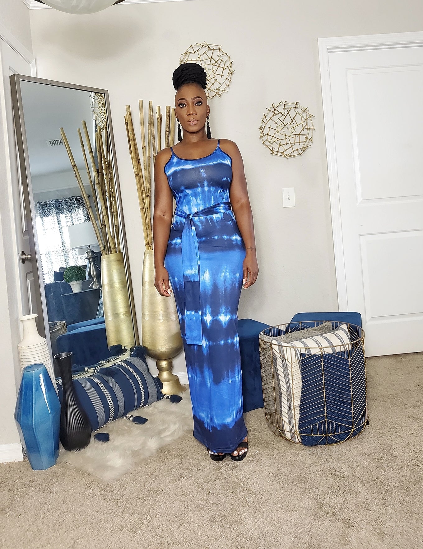 Blue Tie Dye Maxi Dress W/ Belt &amp; Face Mask