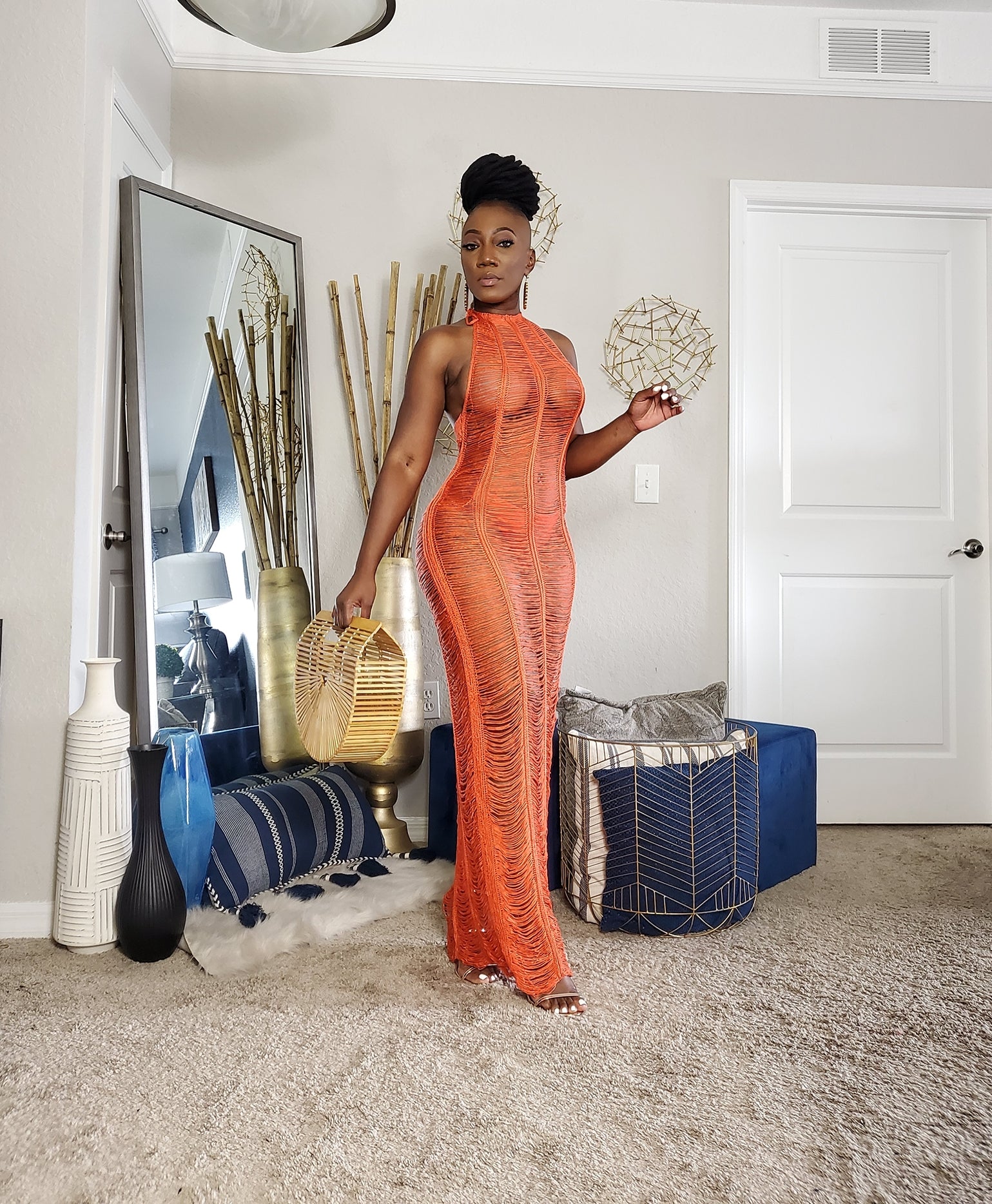 Orange Crochet Cover Up Halter Dress