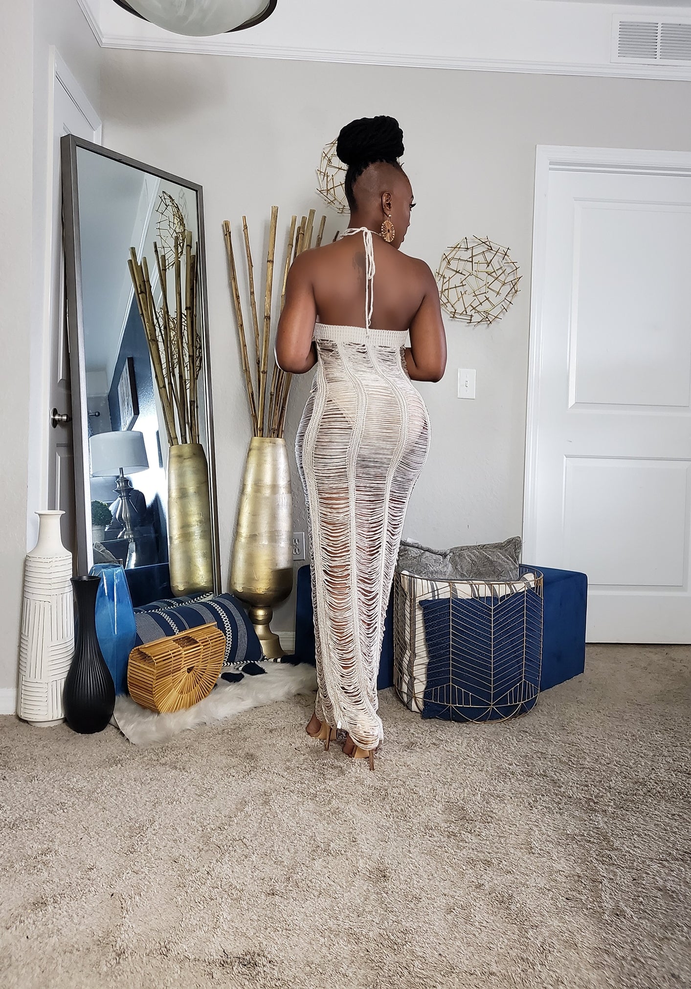 Nude Crochet Cover Up Halter Dress