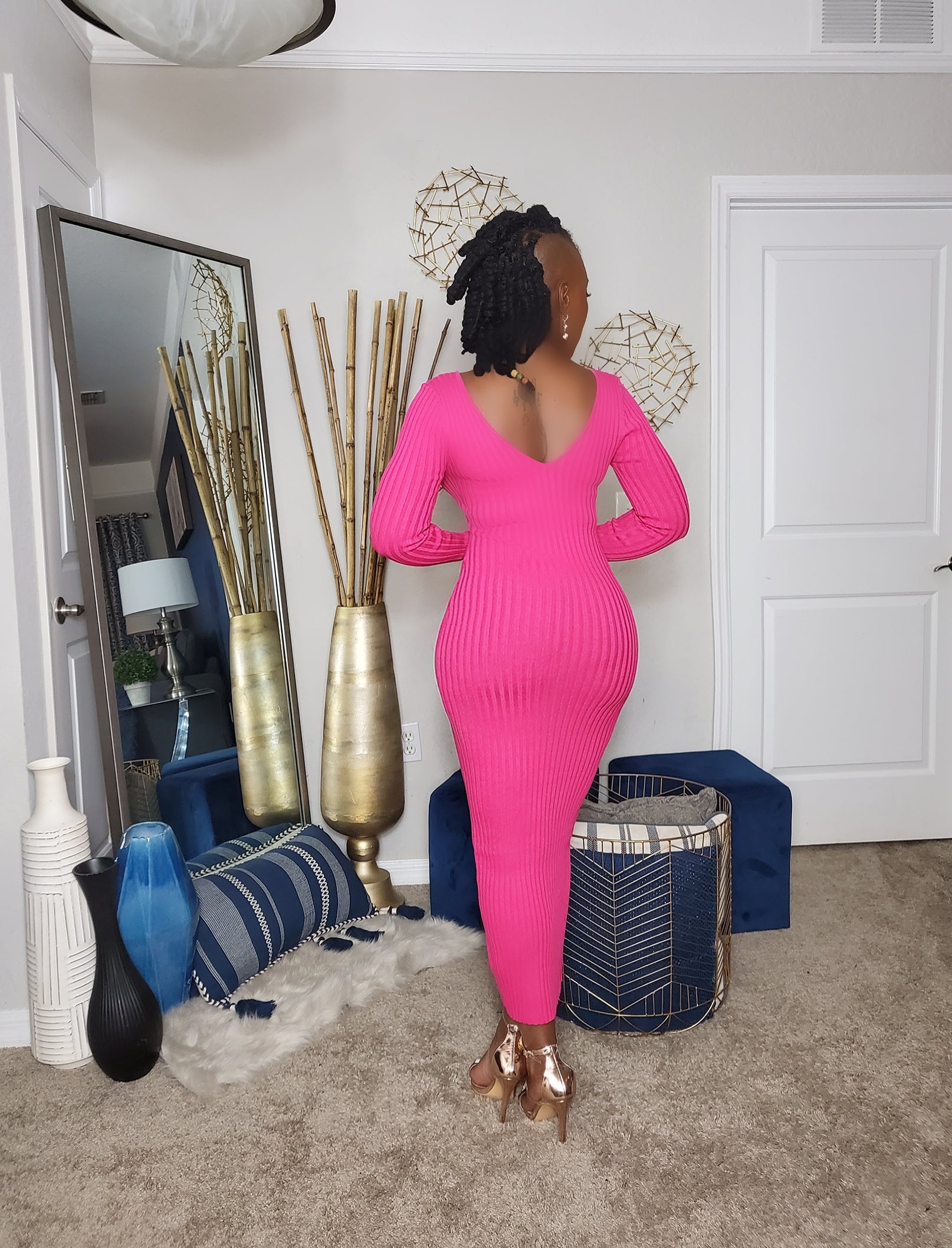 Pink Ribbed Long Sleeve, V Neckline Knit Midi Dress
