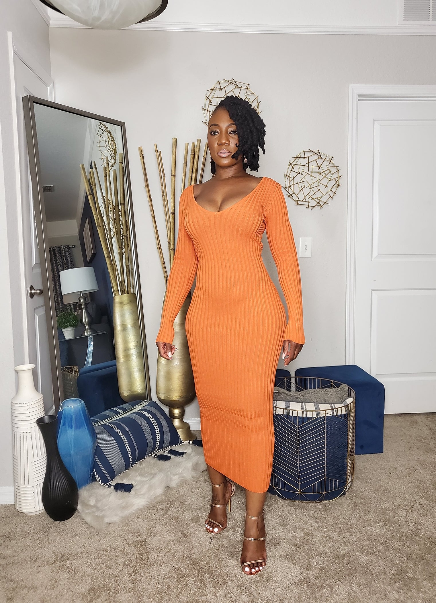 Orange Ribbed Long Sleeve, V Neckline Knit Midi Dress