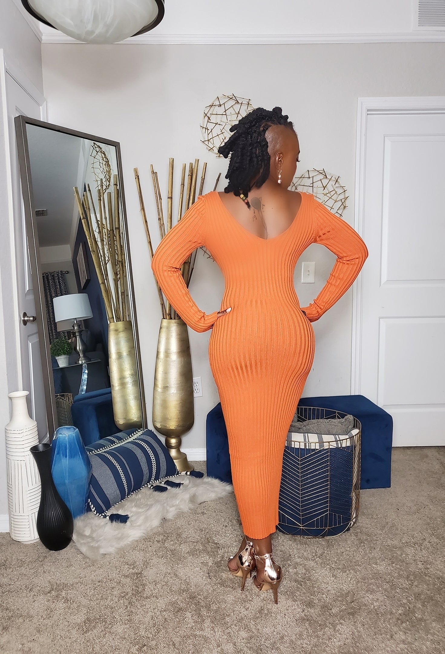 Orange Ribbed Long Sleeve, V Neckline Knit Midi Dress