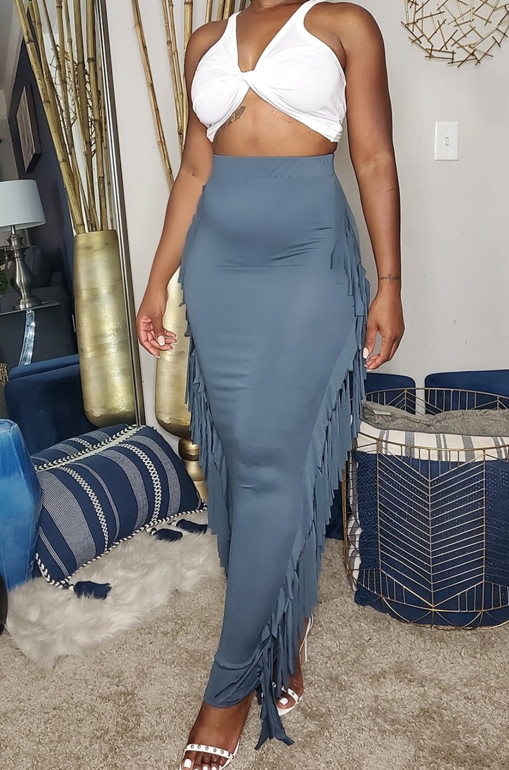 Charcoal Maxi Skirt With Side Tassels 