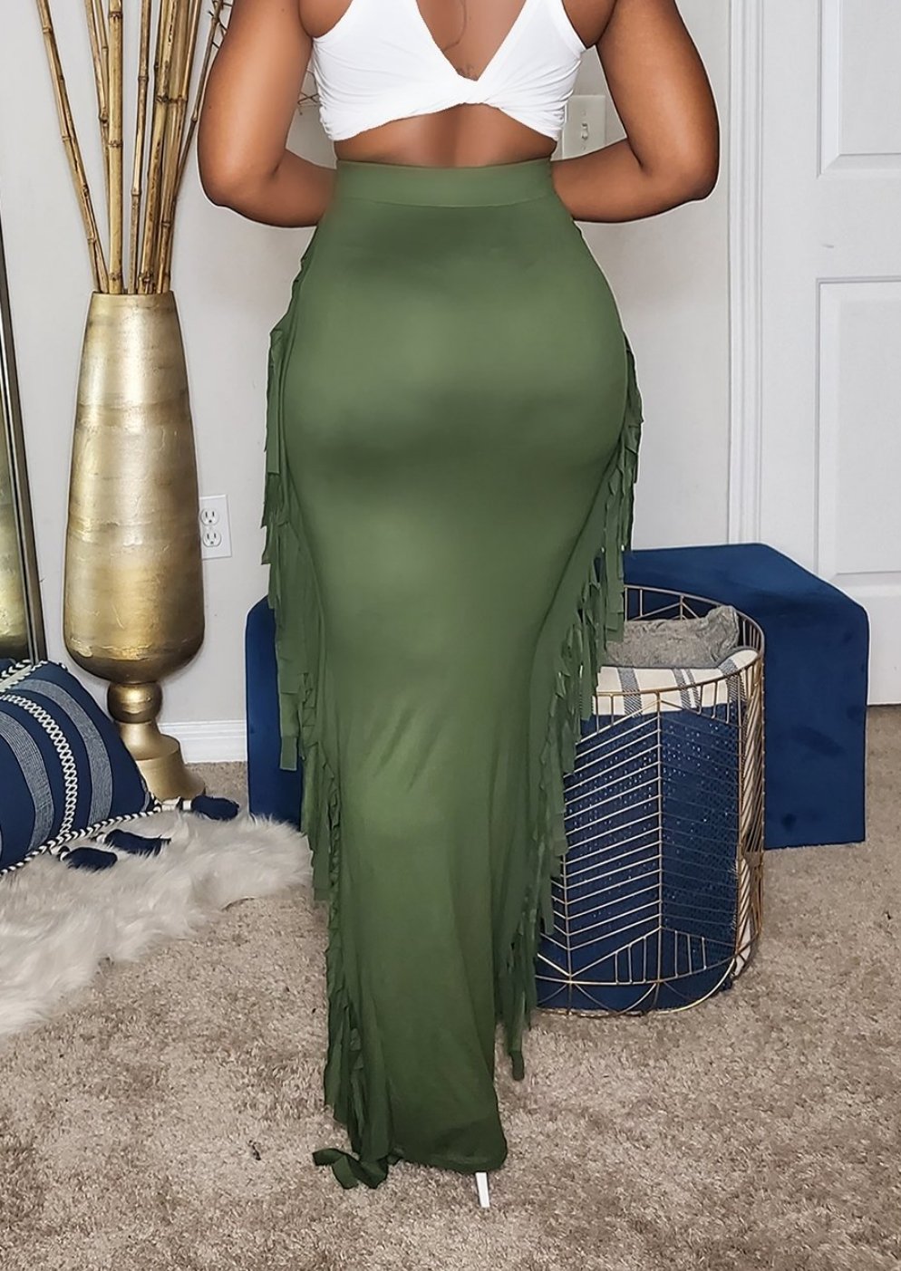 Olive Maxi Skirt With Side Tassels 