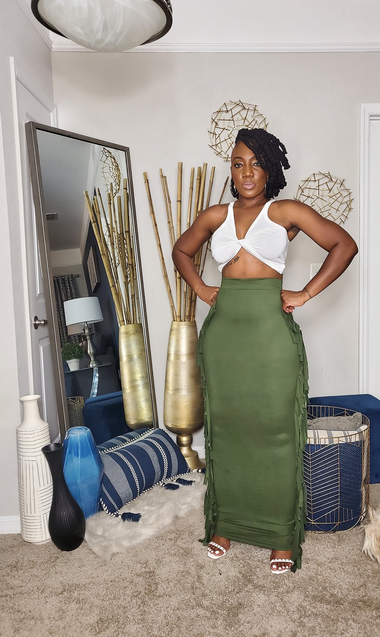Olive Maxi Skirt With Side Tassels 