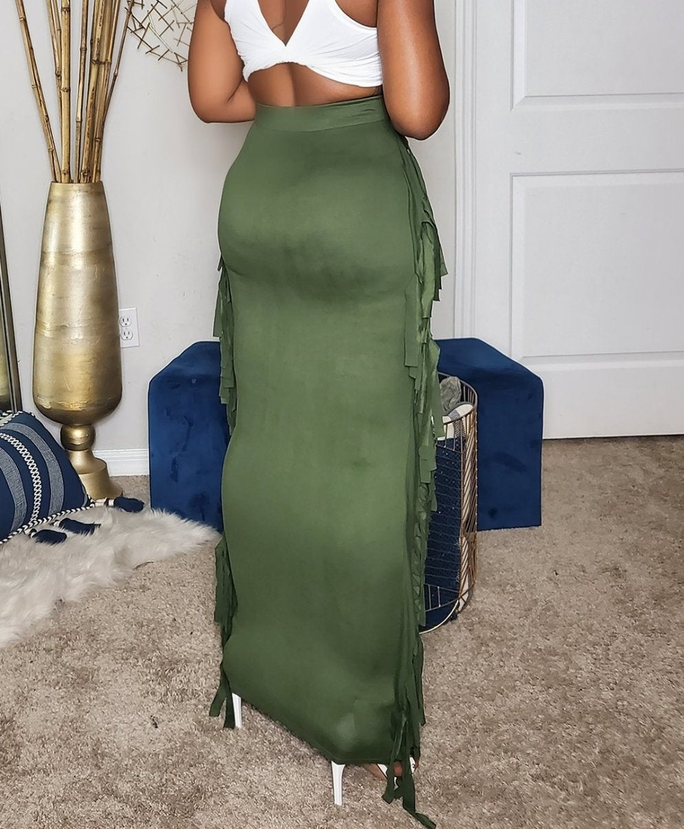 Olive Maxi Skirt With Side Tassels 