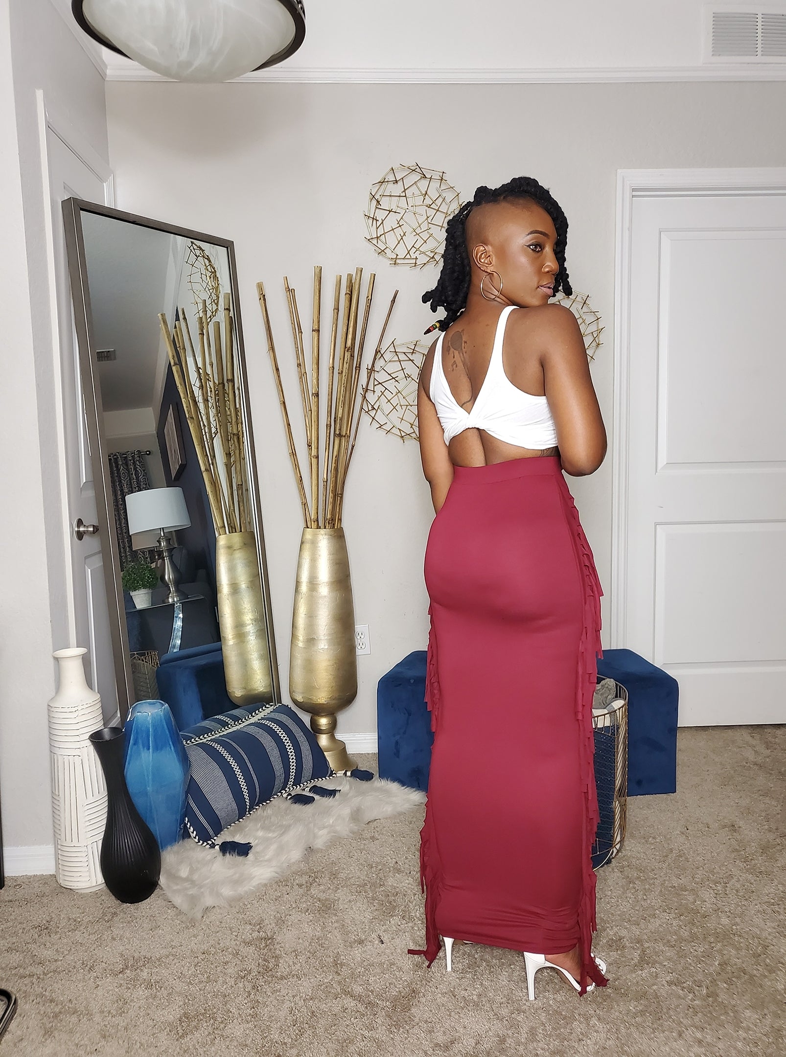 Burgundy Maxi Skirt With Side Tassels 