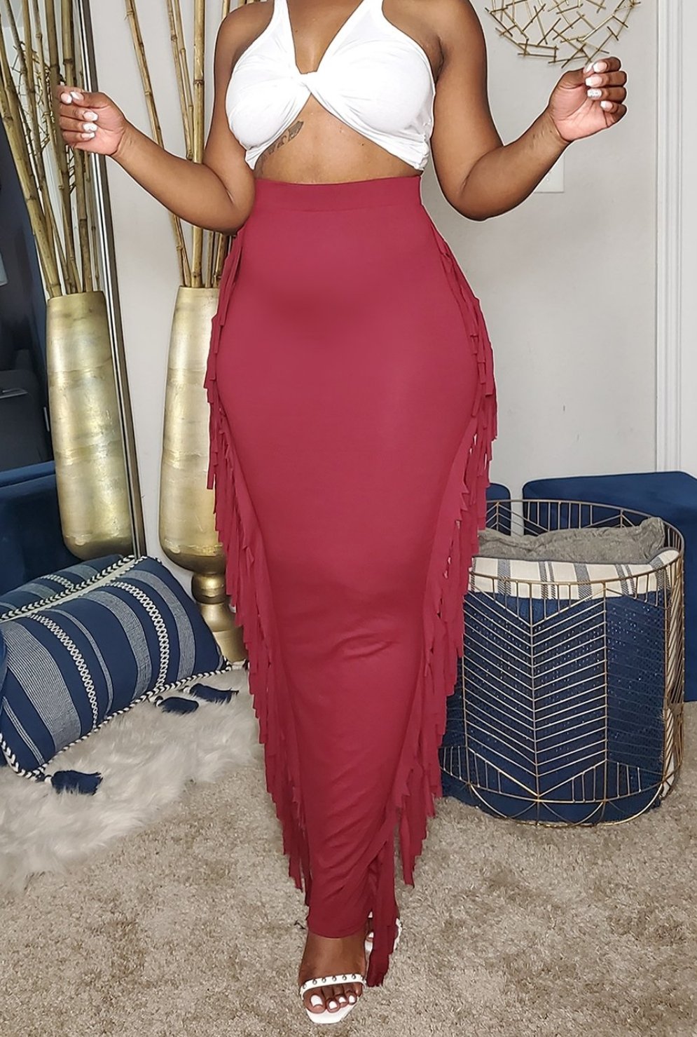 Burgundy Maxi Skirt With Side Tassels 