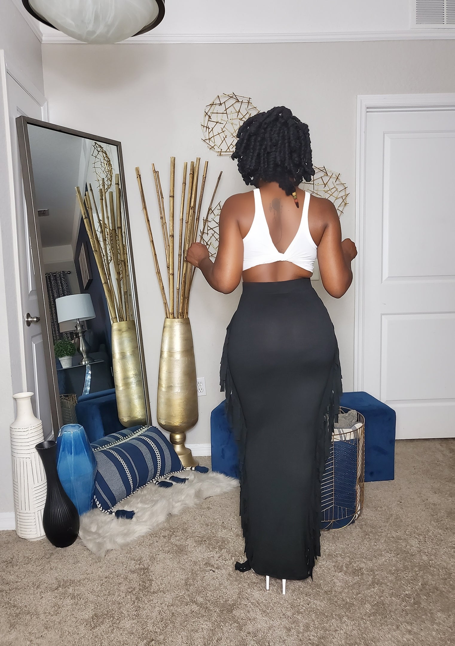 Black Maxi Skirt With Side Tassels 
