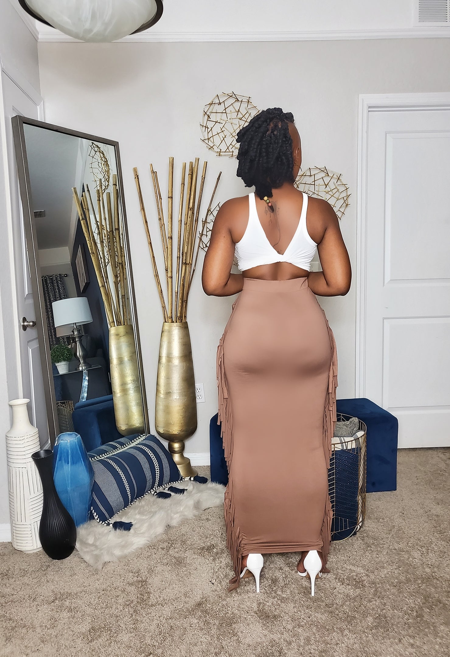 Mocha Maxi Skirt With Side Tassels 