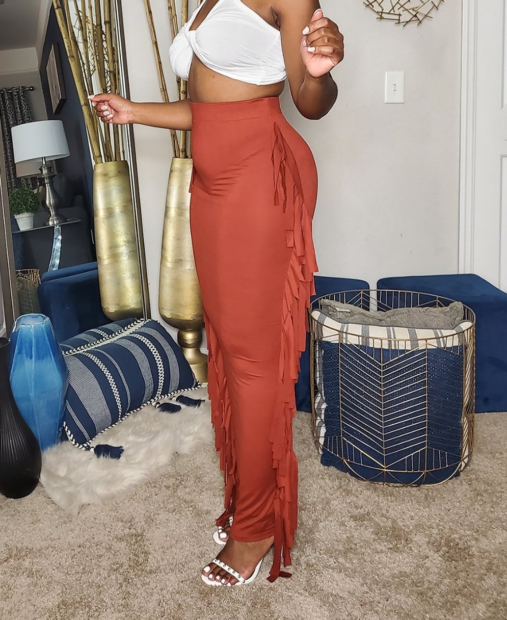 Rust Maxi Skirt With Side Tassels 