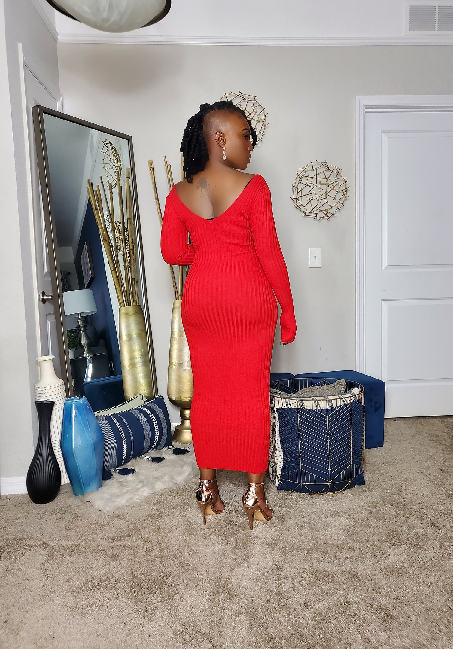 Red Ribbed Long Sleeve, V Neckline Knit Midi Dress