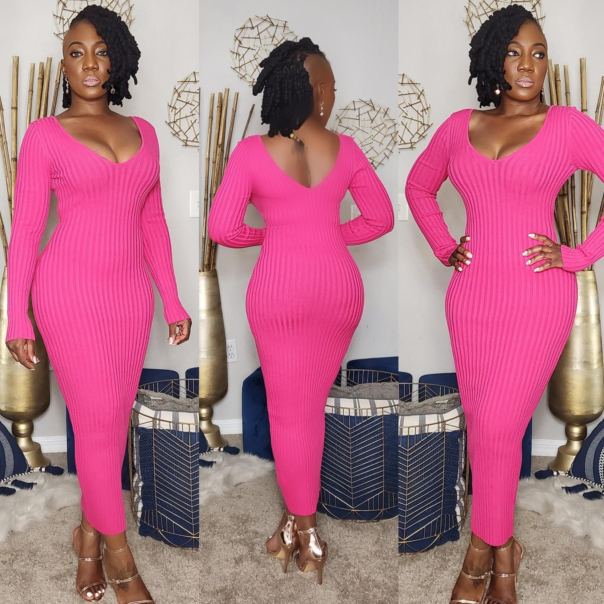 Pink Ribbed Long Sleeve, V Neckline Knit Midi Dress